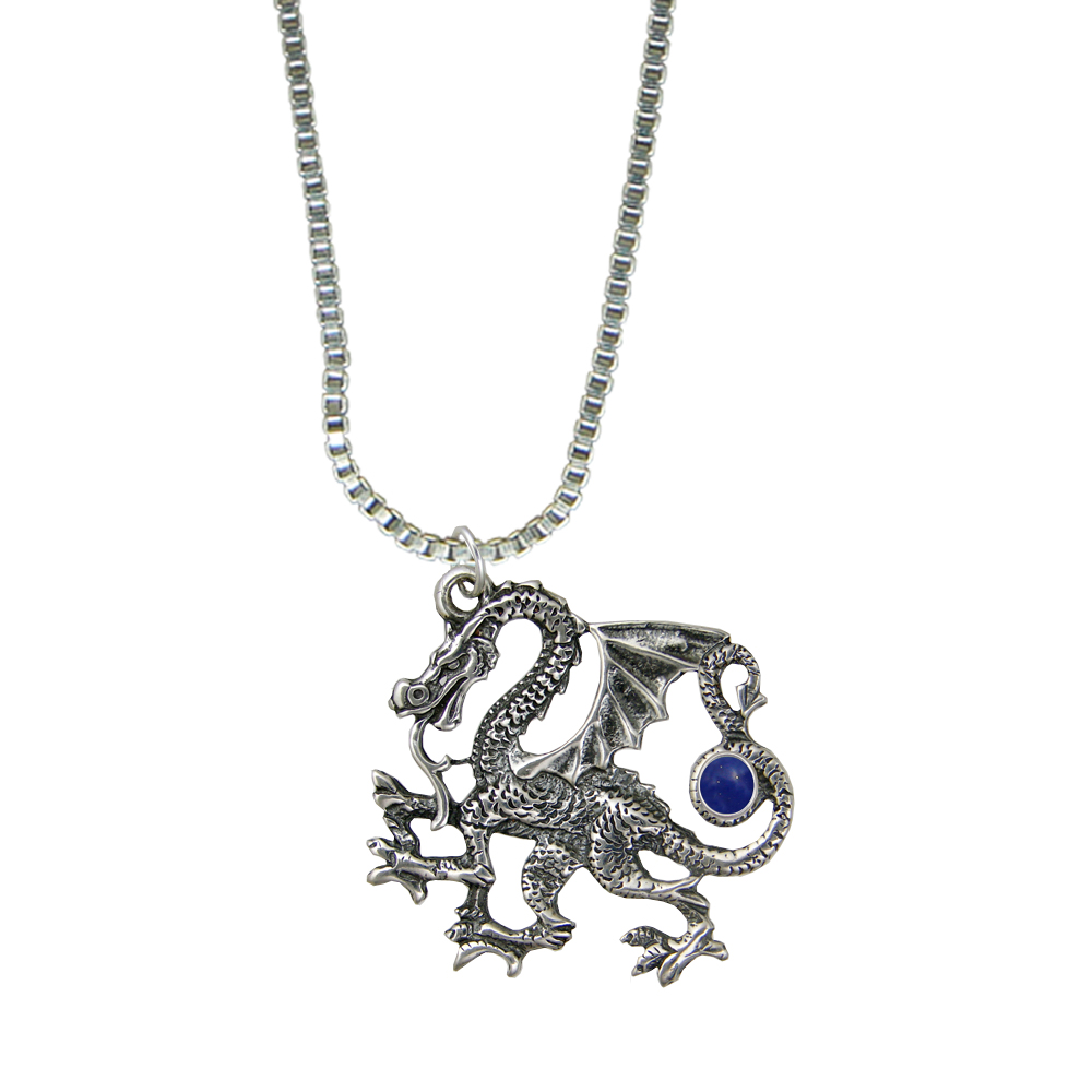 Sterling Silver Large Fighting Dragon Pendant With Lapis Lazuli